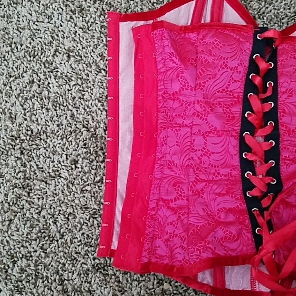 Shirley of Hollywood Pink Red Lace-Up Bustier Corset Small Lingerie Sexy Top - Picture 4 of 5